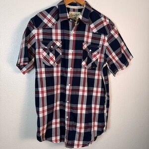 Coastal Red White Blue Plaid Short Sleeve Pearl Snap Shirt Pockets Men's Size XL